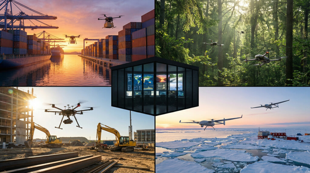  drone operations across four sectors: maritime port, forest canopy, construction site, and Arctic landscape