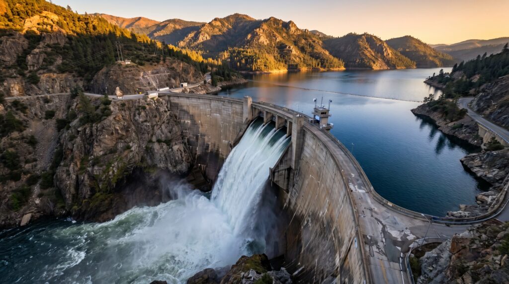 Aerial image of a dam or controlled waterway with visible embankment, spillway, access road, and surrounding terrain.
