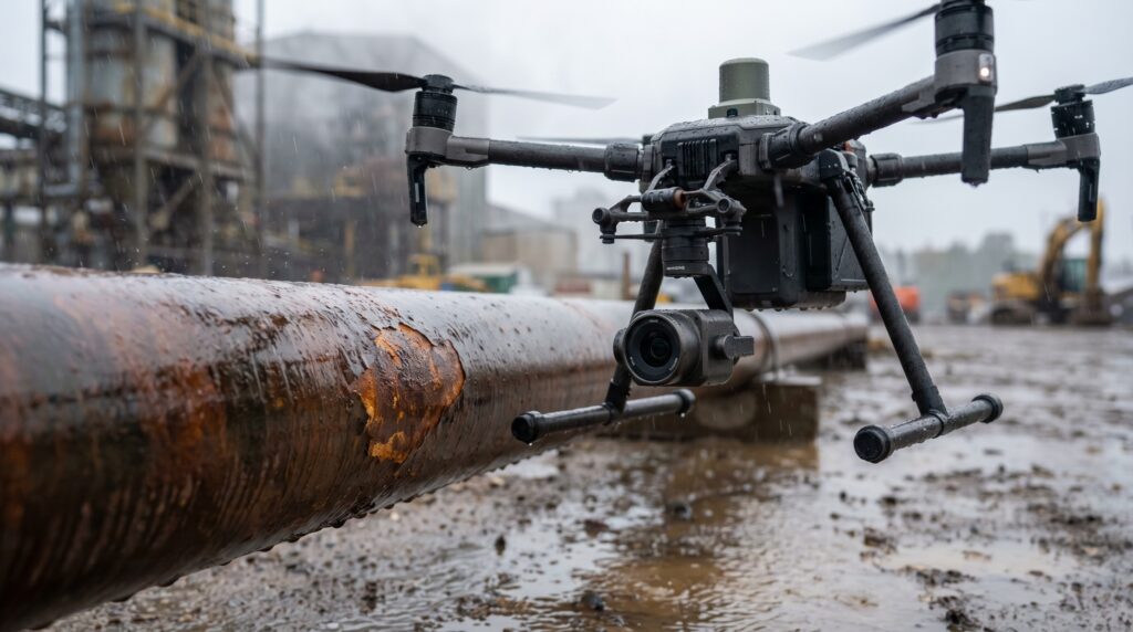 Drone hovering close to a pipeline in rainy grey weather, inspecting an early sign of weakening on the pipe surface.