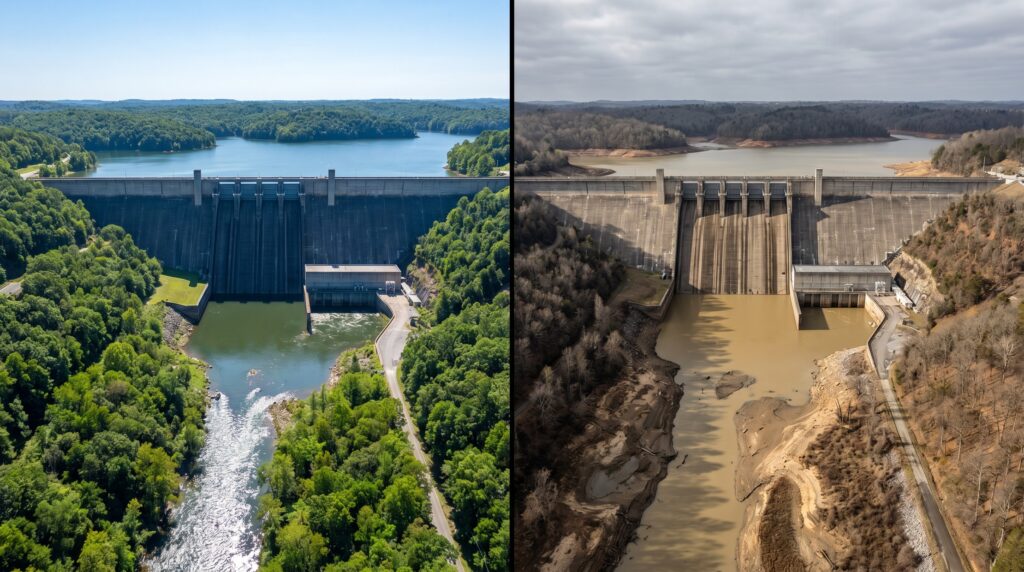 Side-by-side or overlay-style visual showing the same infrastructure area at two different times, with visible changes in terrain, waterline, vegetation, or surface condition.