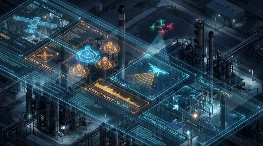 Composite illustration showing a monitored site with overhead coverage, fixed sensor points, and a drone performing targeted inspection.